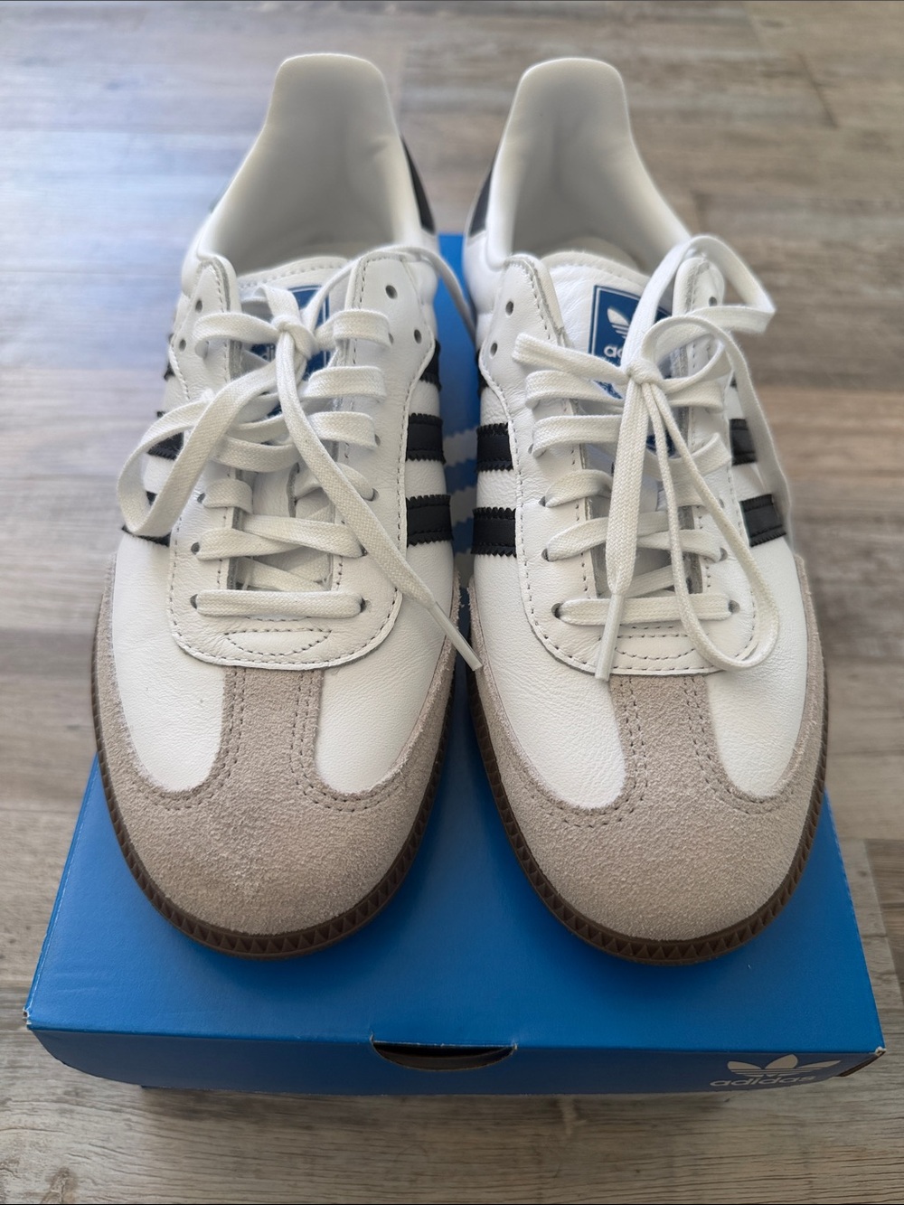 Adidas Samba Og J Mens White Sneakers with Black Stripes and Tan Suede Toe